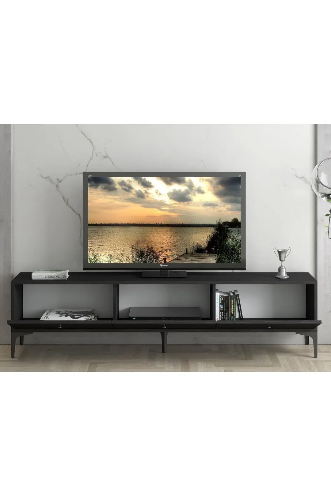 Etna Premium Metal Ayaklı Dolaplı 180 Cm Tv Ünitesi - Siyah / Siyah